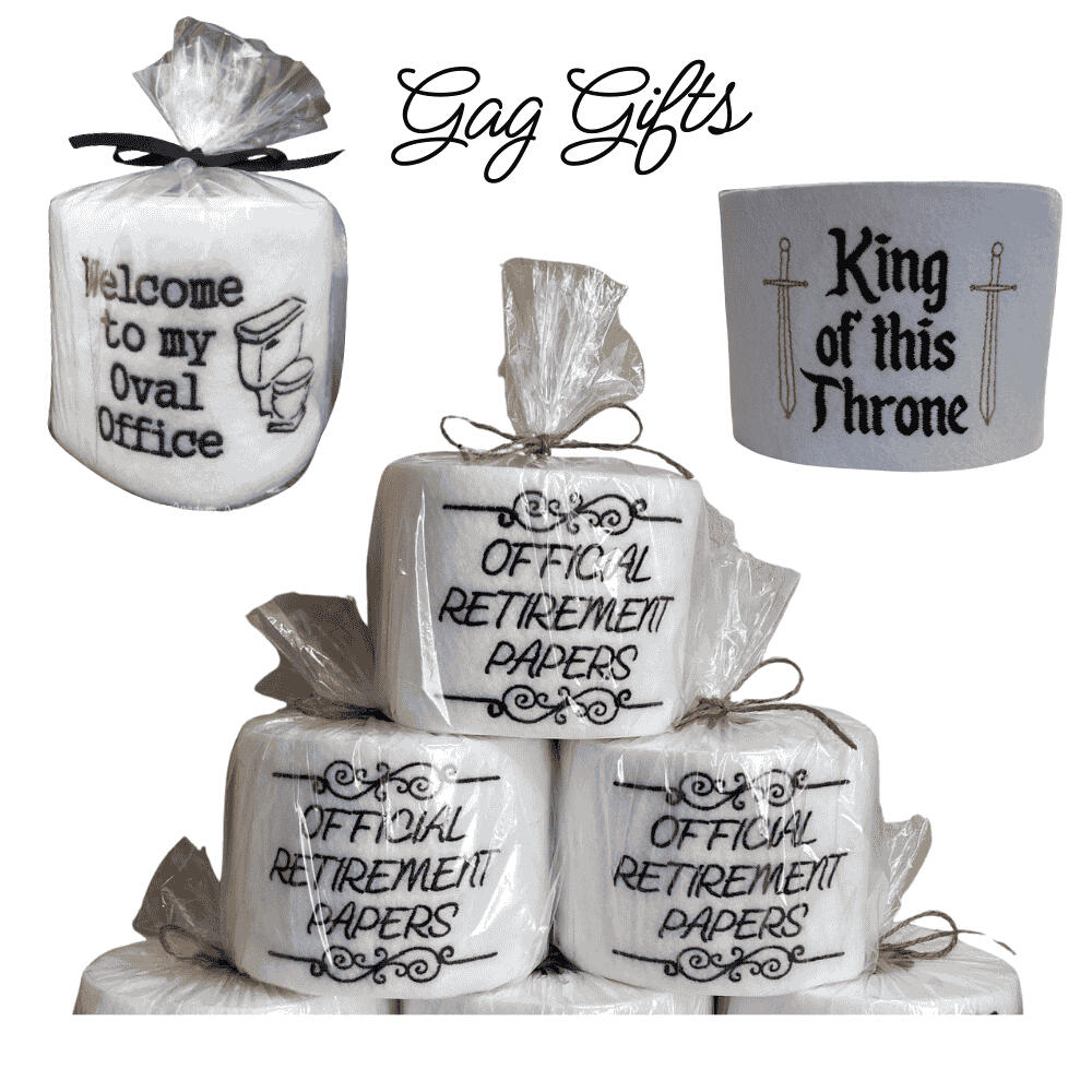 The gift that keeps on rolling! Handmade embroidered toilet paper—perfect for laughs.